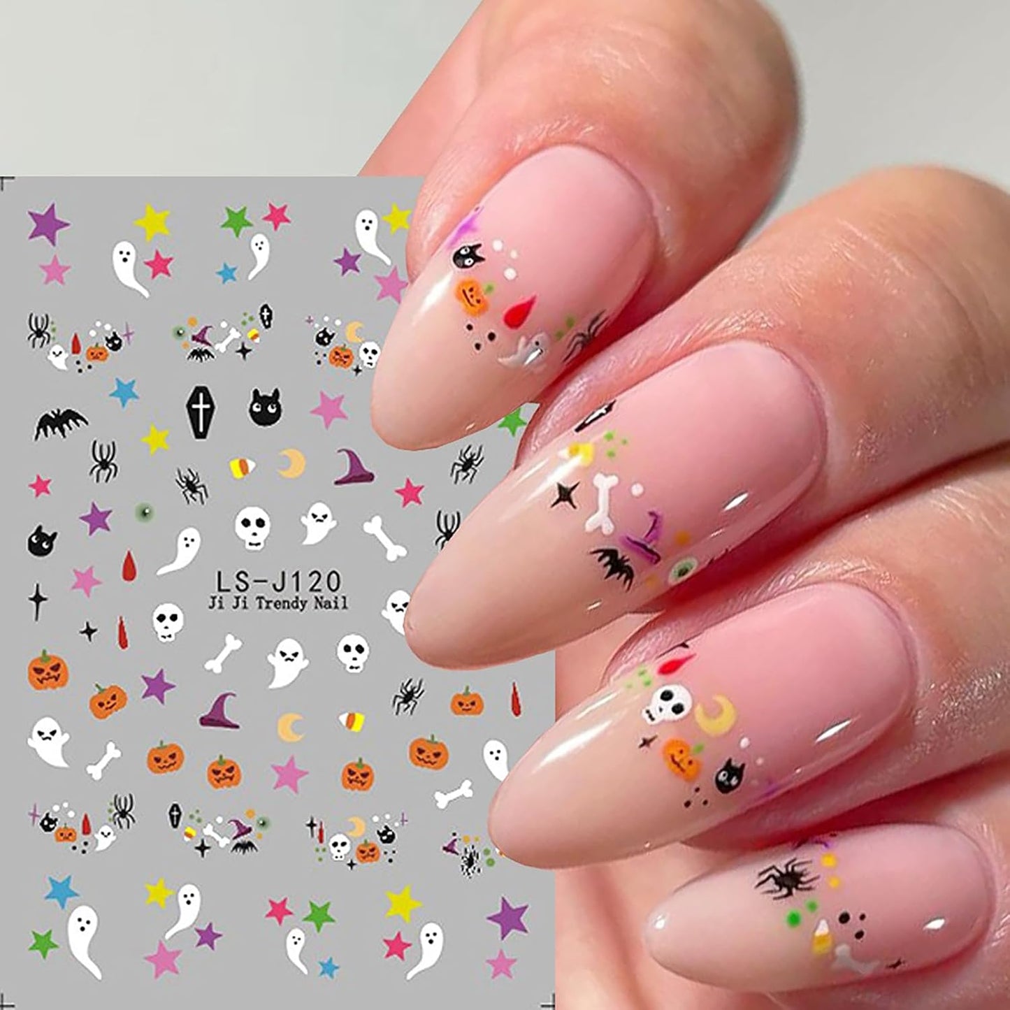 Halloween Nail Art Stickers 6 Sheets Cute Ghost Pumpkin 3D Self-Adhesive Nail Decals Bat Cat Skull Designs Nail Decorations Halloween DIY Manicure Supplies for Women Girls&Kids