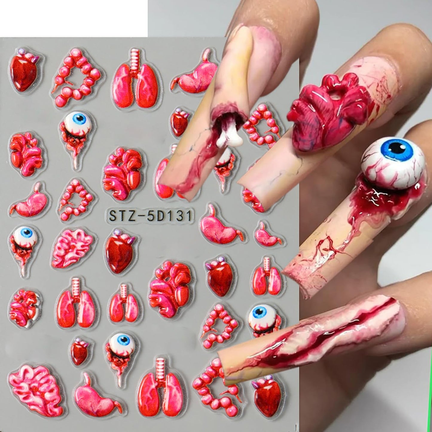 2 Sheets Halloween Horror Nail Art Stickers 5D Embossed Blood Eyes Wounds Pattern Nail Stickers Gothic Horror Day of Death Design Nail Sticker for Women Holiday DIY Manicure Decoration