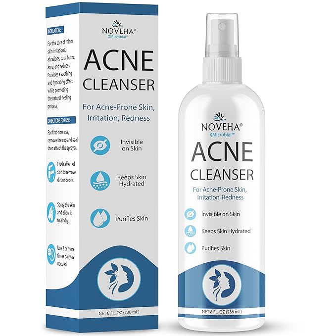 NOVEHA Facial Cleanser For Acne - Hypochlorous Acid Spray - Irritation, Redness & Breakouts Relief - Ideal for Active Teenage & Adult Athletes Post-Workout - Safe for Multiple Daily Uses - 8 oz