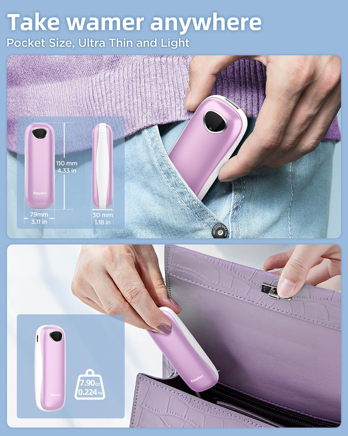 EasyAcc® Pocket Size Hand Warmers Rechargeable, Golf Hunting Hand Warmers, Real 16 Hrs Warmth, Heat Up to 131℉, UL Certified, Gloves Fitting, Golf Raynauds Skiing Essentials, Gifts Women Men