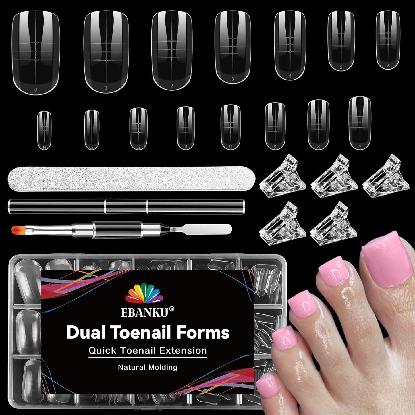 Poly Gel Toe Nail Form Set, EBANKU Reusable Toenails Dual Forms for Nail Extensions, Poly Gel Toe Nail Tips With Dual-Ended Brush, File and 5PCS Clips - 15 Sizes 150PCS