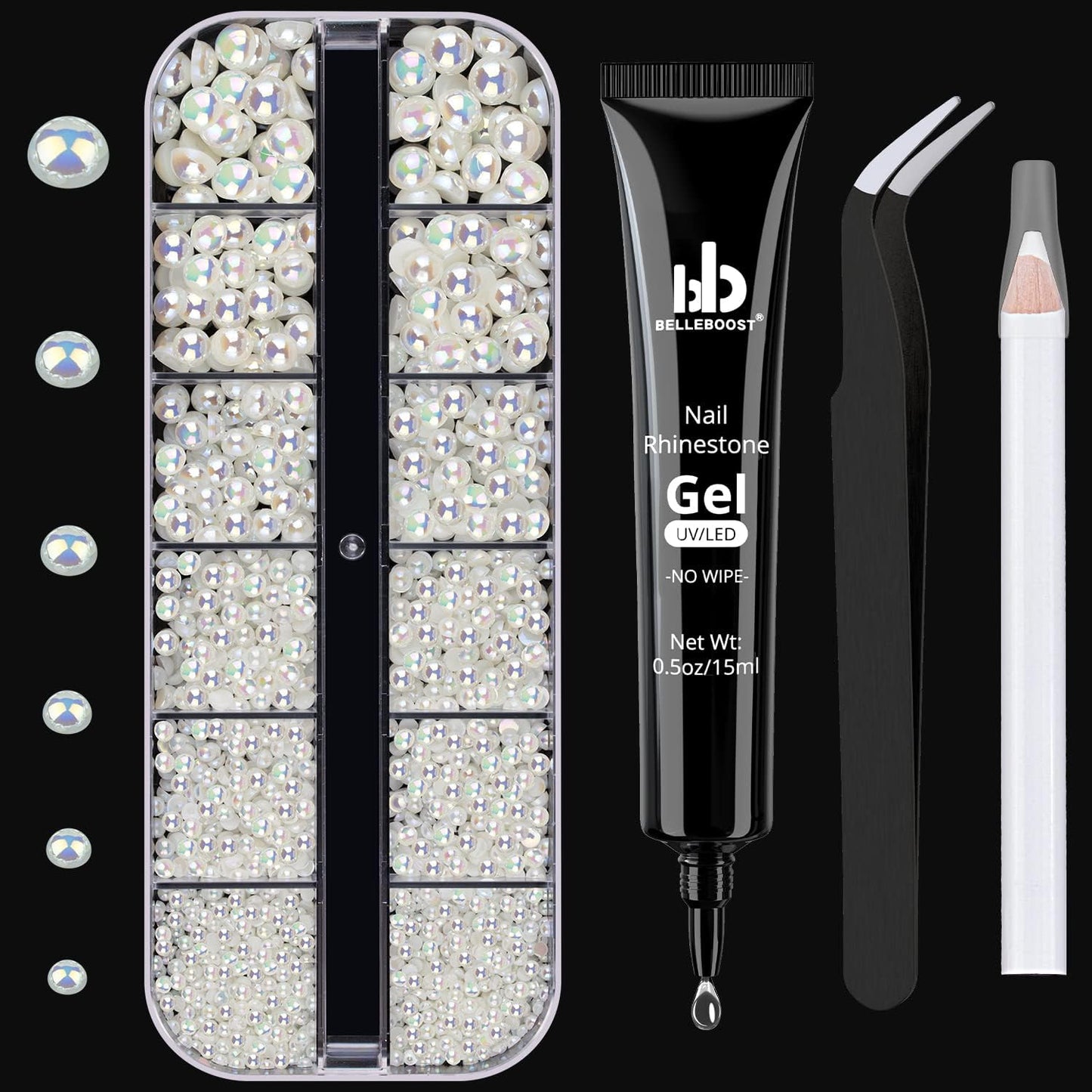 Nail Art Rhinestone Glue Gel&Flatback Gems Accessories Kit, 1 Tube of 15ml Rhinestone Gel Glue(UV/LED Needed)+1 Box of Flat-Back Half Round Beige AB Pearls with Pickup Pencil and Tweezer