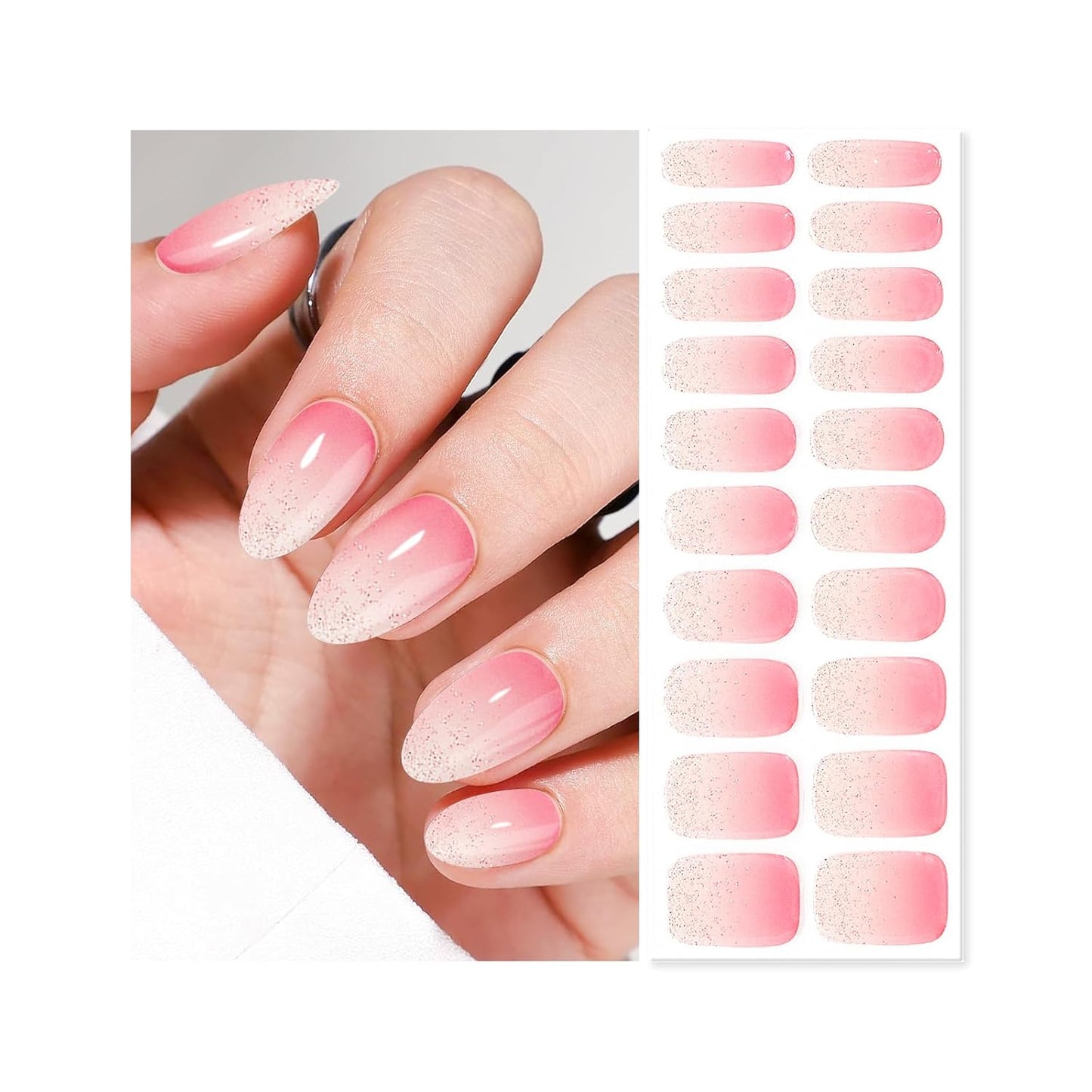 Semi Cured Gel Nail Strips | Built-In Gel Top Coat | UV Light Required | Salon Quality, Easy Application And Removal (Pink Shimmer Ombre)