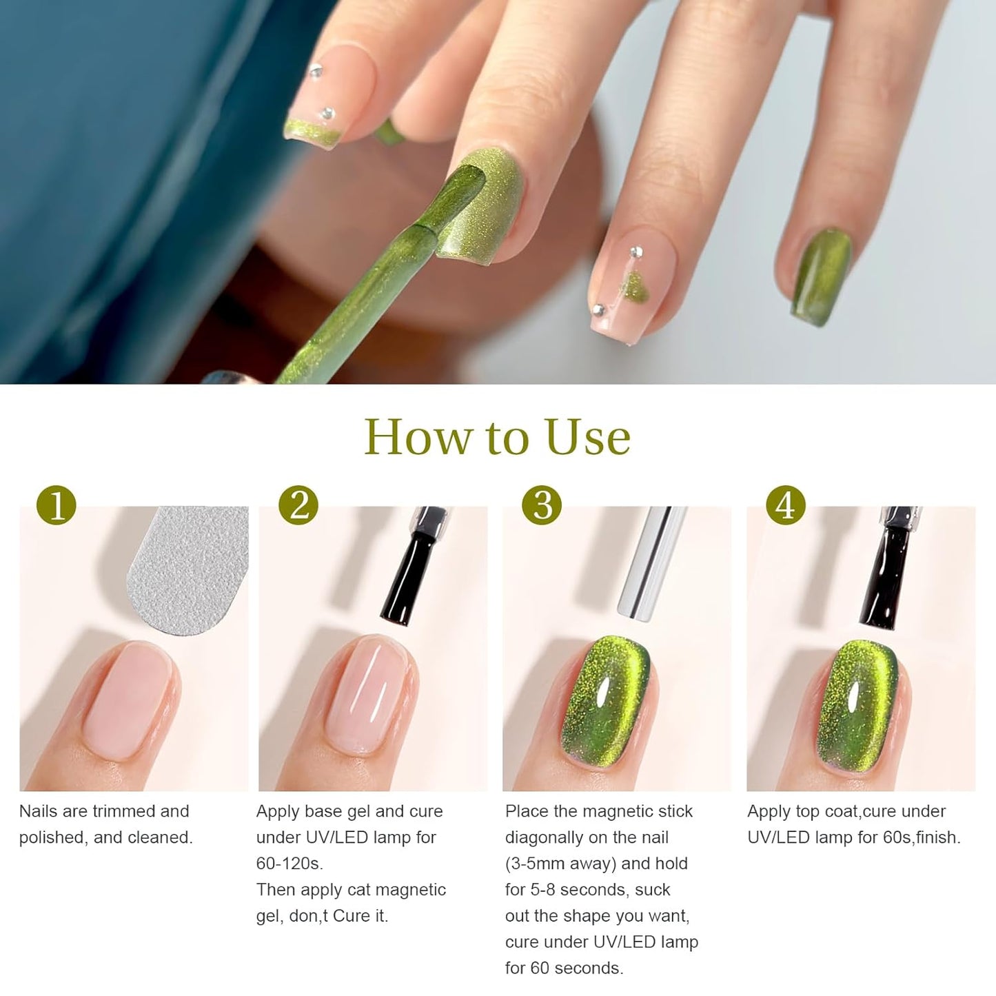 Cat Eye Gel Nail Polish with Magnet Stick, 15ml Glitter Holographic Nail Polish, Magnetic Effect Gel for Home DIY Manicure Gift, Jelly Green