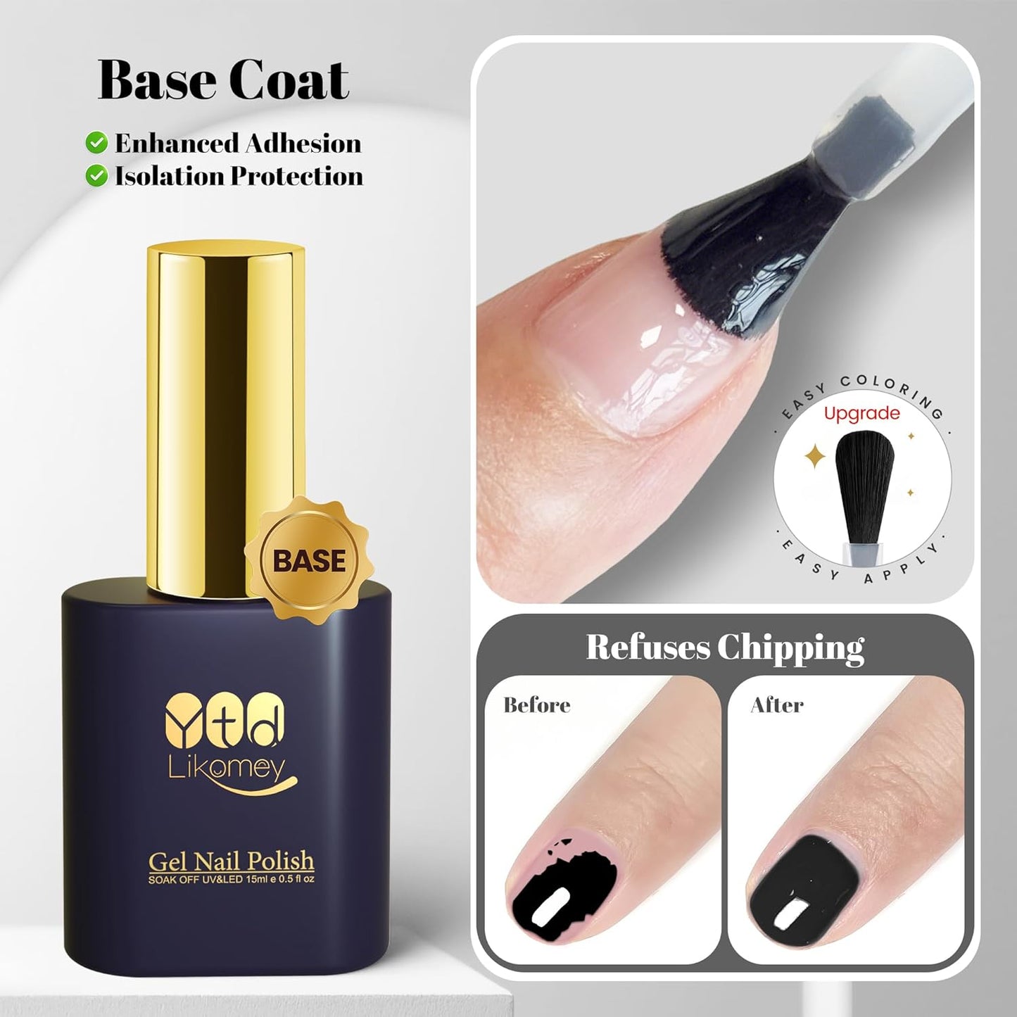 YTD Likomey Gel Nail Polish Base Coat Top Coat Builder Gel Set,3 Pcs 15ml No Wipe High Glossy Multi-Function Extension Long Lasting Reinforce Shaping Hard UV Nail Varnish Kit,HEMA Free