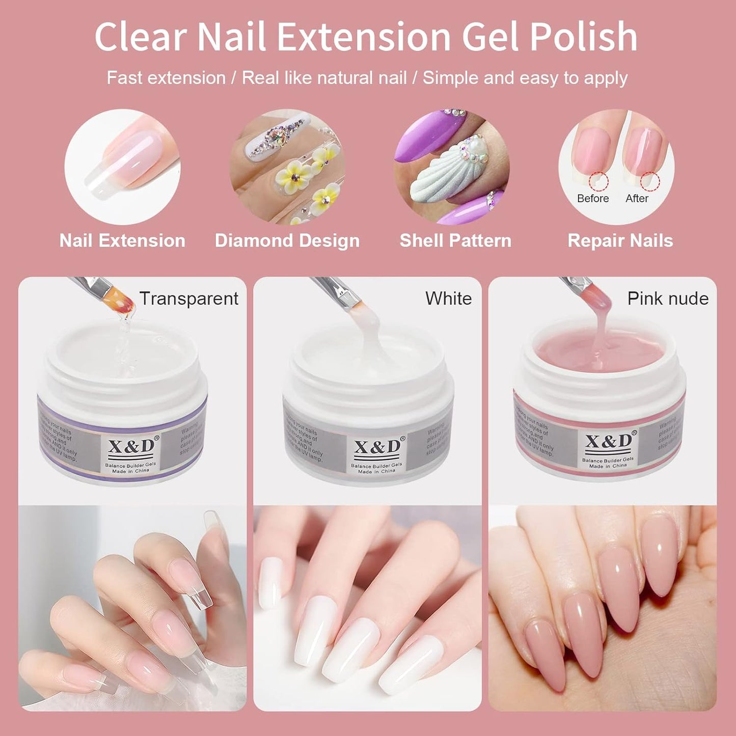 X&D Poly Gel Nail Kit 3 Colors Natural Clear Colors Poly Nail Gel Kit Nail Extension Builder Nail Gel Quick Manicure Home DIY Set for Women (Transparent, Nude Pink, White)