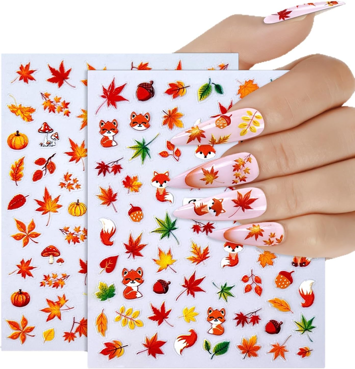 Fall Nail Art Stickers - 5D Miniature Sculpture Fall Pumpkin Nail Decals - 2PCS Manicure Maple Leaves Squirrel Mushroom Nail Art Supplies Autumn Acrylic Nail Art Decoration for Women