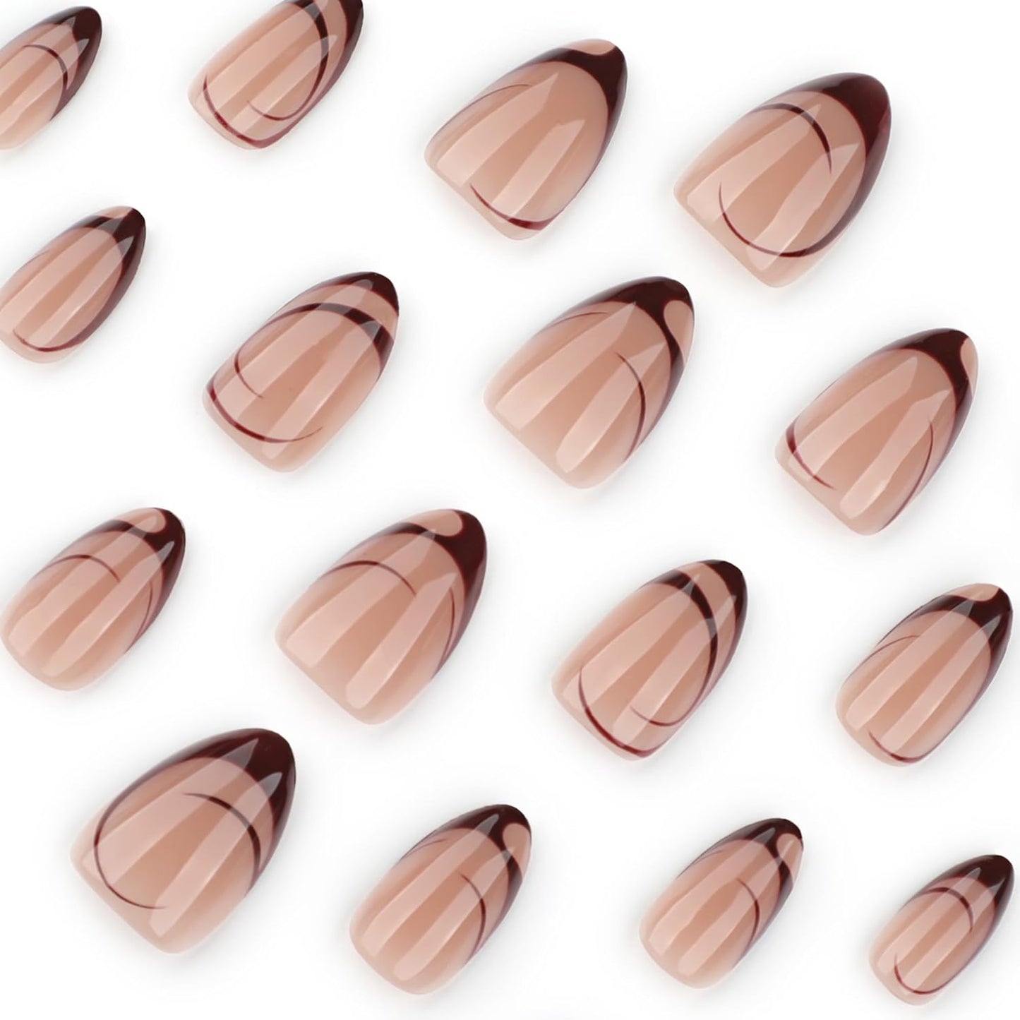 Nude Almond Press on Nails Short, Fall French Fake Nails with Unique Elegant Shaped Burgundy French Tip Design, Glossy Finish Acrylic Nails, Natural Reusable Glue on Nails Kit for Women
