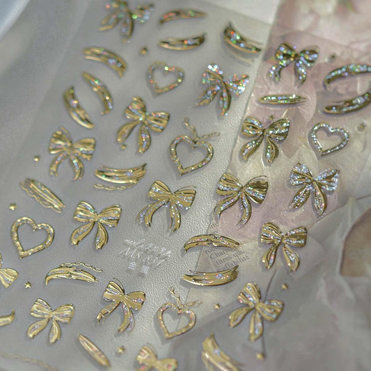 Gold Bow Nail Stickers for Nail Art Heart Bow Nail Decals Coquette Stickers for Nails 3D Self Adhesive Nail Art Supplies & Decorations for Women Girls,1 Sheet DIY Manicure Decor