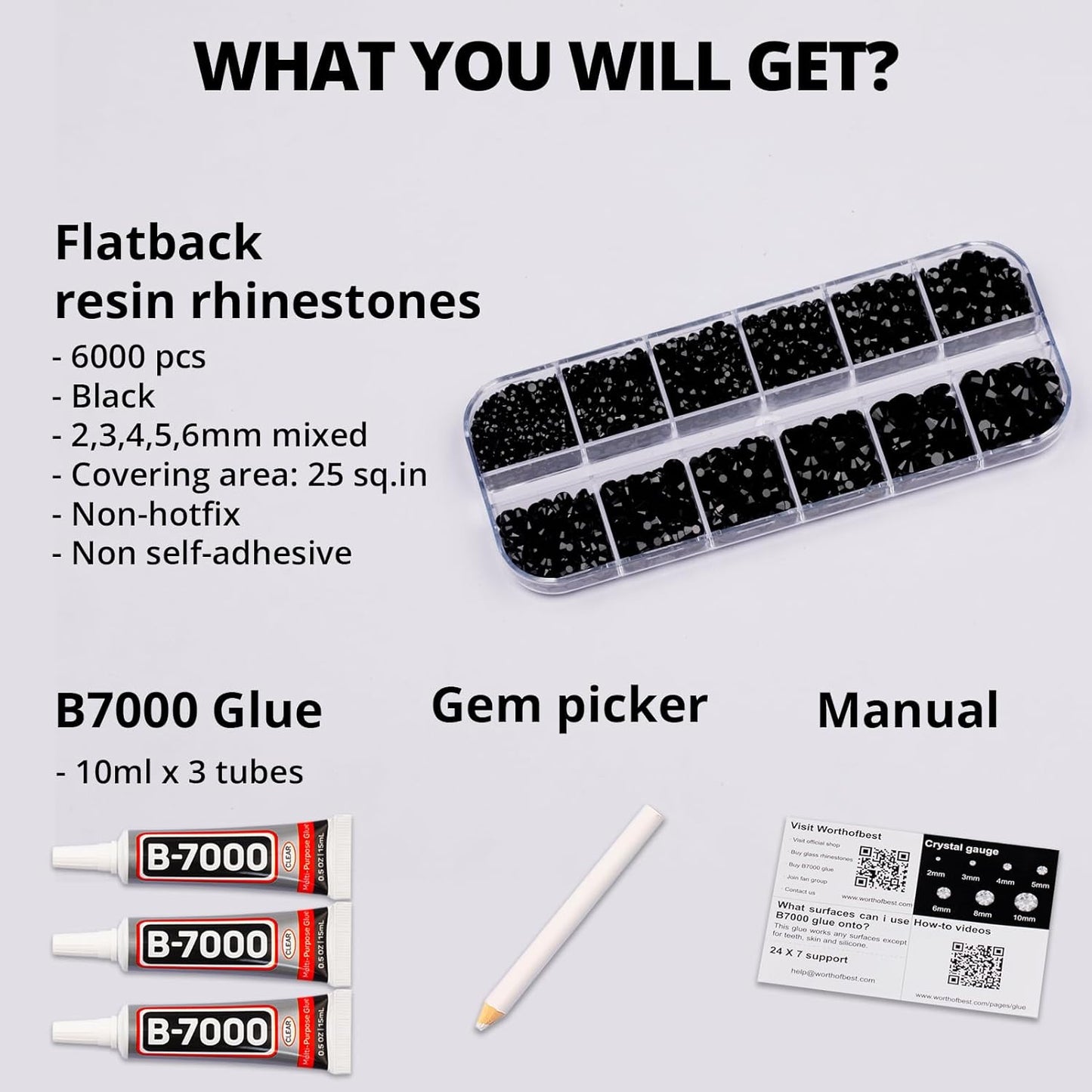 6000Pcs Black Rhinestones for Crafting Bedazzling with b 7000 Jewelry Glue, Resin Flatback Crystal Diamond for Crafts Clothing Clothes Project Dress, Flat Back Bedazzler Half Gems Multiple Sizes