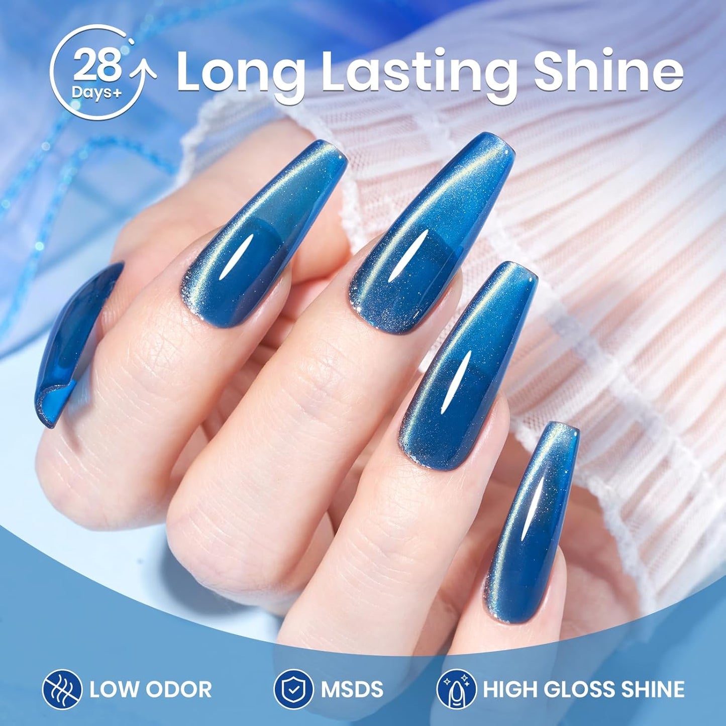 Beetles Blue Cat Eye Gel Nail Polish - 15ML Blue Glass Cat Eye Glitter Magnetic Gel Polish Shimmer Soak Off UV Stellar Whisper Collection Nail Art Design Manicure Gifts for Women