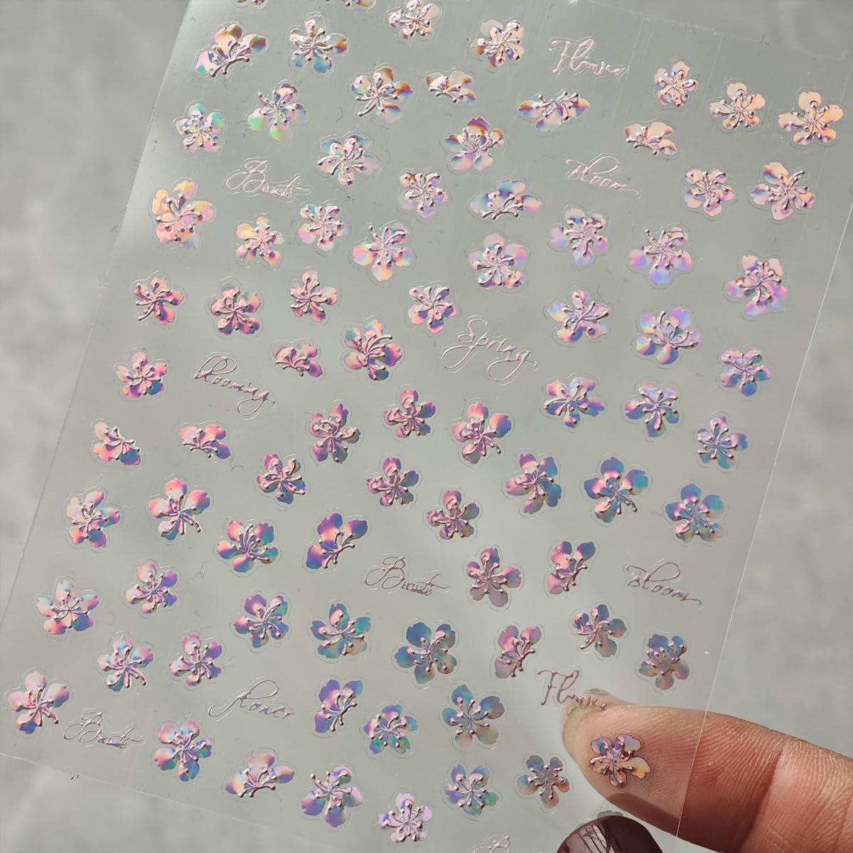 Laser Flower Nail Stickers Pink Aurora Nail Art Stickers Small Floral Nail Decals Self Adhesive with Design Spring Manicure Supplies Charm for Women Decorations Accessories