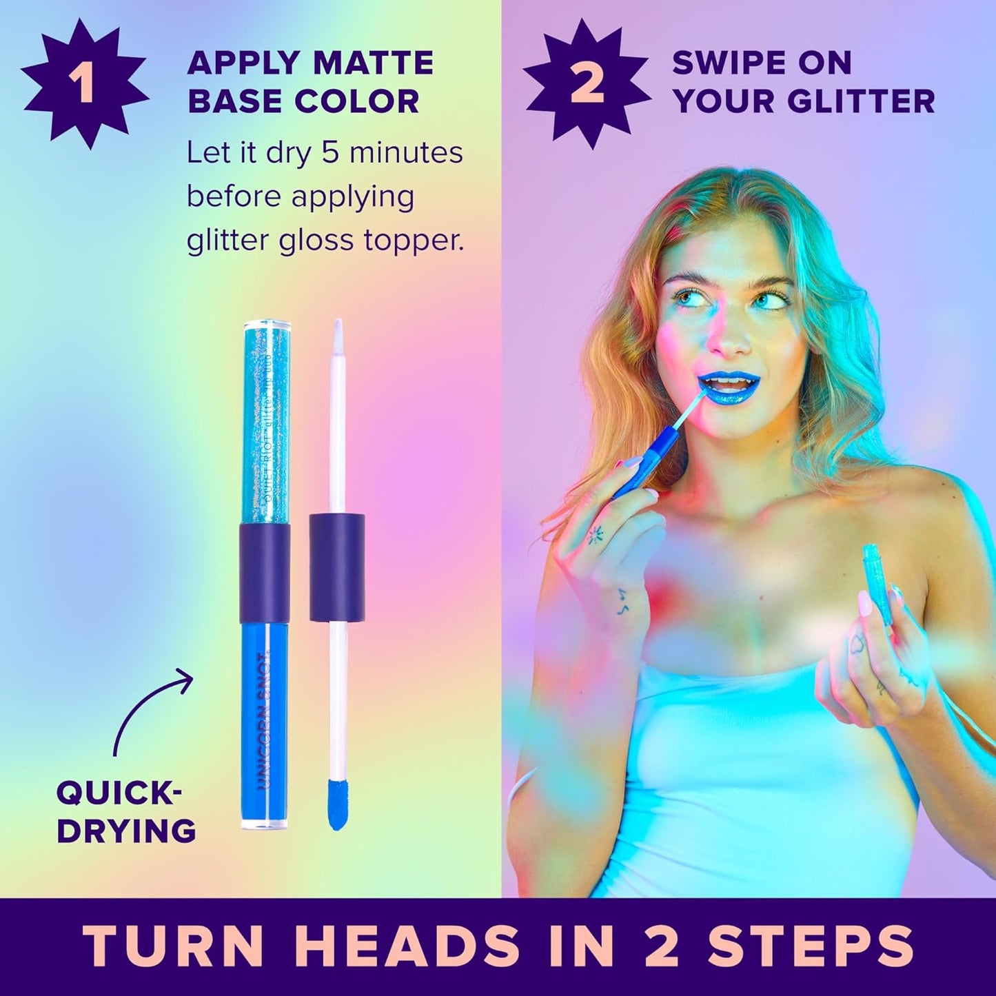 UNICORN SNOT Quiet Riot™ Plastic-Free Glitter Lip Duo | 2-in-1 Set w/Matte Lipstick & Sparkly Glitter Lip Gloss | Halloween Costume Makeup | 0.15oz Blue Lipstick & 0.16oz Gloss (Dream)