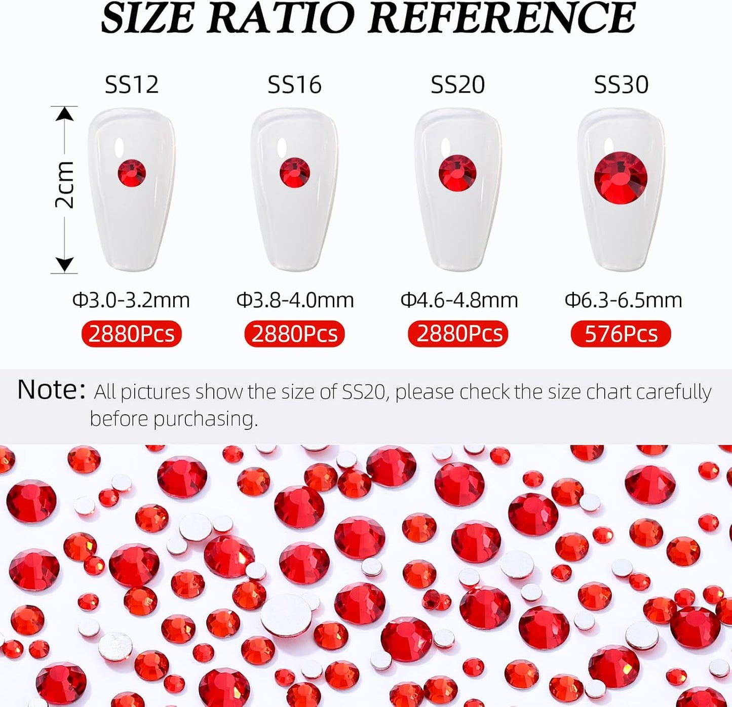 Red Flatback Rhinestones, Glass Rhinestones for Nail Art and Craft, Glue Fix, Loose Crystal Gemstones(Red, SS16, 2880pcs, 3.8-4.0mm)