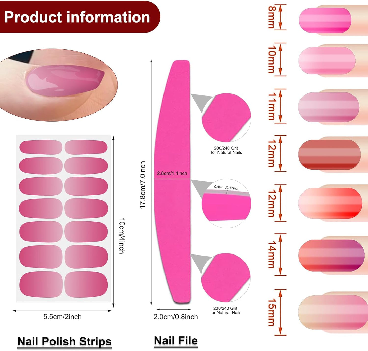 SILPECWEE Nail Polish Stickers, 20 Sheets Pink Solid Nail Stickers Full Nail Wraps with Nail File Self Adhesive Nail Polish Strips Gel Nail Strips Fingernail Nail Art Sticker Nails for Women