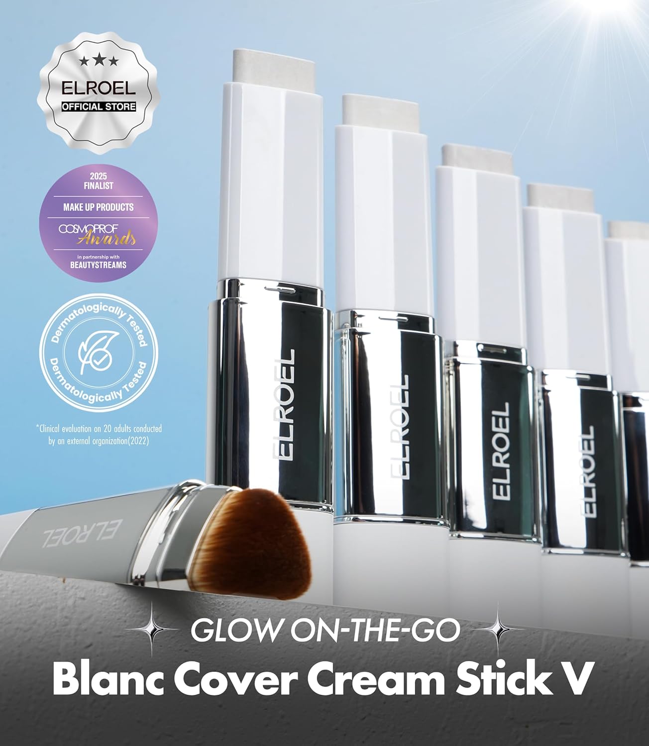 Blanc Cover Cream Stick V White - Korean Color-Changing Foundation Stick with Volufiline - Medium to Full Coverage Dewy Finish Base Makeup - Dual-Ended with Detachable Brush (203 Medium)