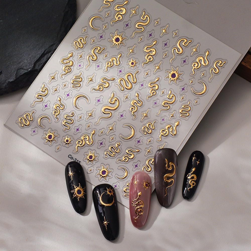 Gold Snake Nail Art Stickers 5D Embossed Moon Star Nail Stickers, Self-Adhesive Durable Nail Art Decals for Women Girls, Nail Wraps Decoration Manicure for DIY Acrylic Nail Accessories