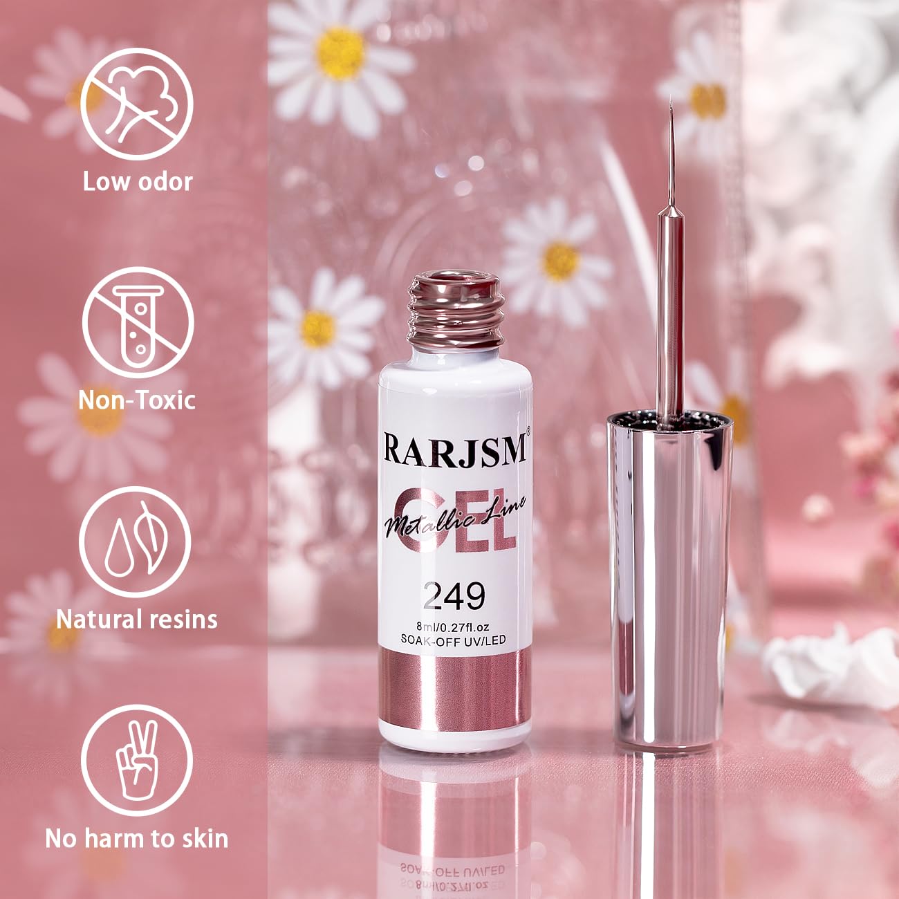 RARJSM Metallic Gel Liner Nail Art Rose Gold 3D Mirror Chrome Effect Gel Nail Polish 8ml Painting Build in Thin Brush Metal Painted Drawing Striper Gelpolish Soak off Curing Requires for Home Salon