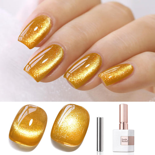 Double Rhythm Jelly Glass Cat Eye Gel Polish with Magnet 15ML Holographic Glitter Shimmer Translucent Sheer Color Magnetic Nail Polish Salon DIY at Home (Gold Cat-MC1025)