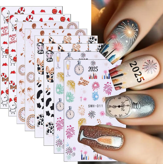 8 Sheets Christmas Nail Art Stickers - 3D Clock Glitter Firework Balloon Design, Candy Cane Cute Cartoon Cow Light Decals for Winter Xmas and New Year's - Supplies for Women Girls