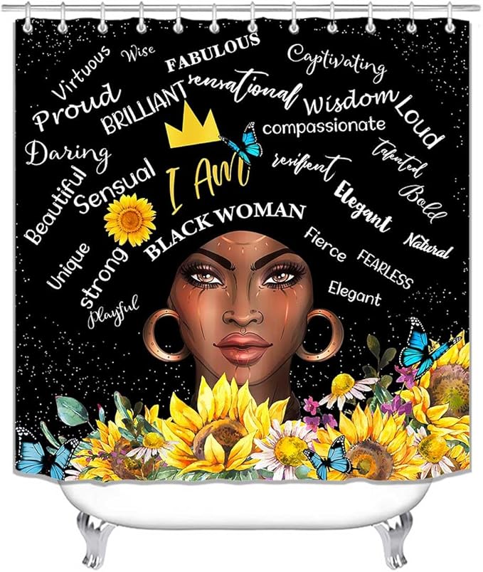 4PCS African American Black Girl Shower Curtain Sets with Rugs, Black Shower Curtain, Afro Black Woman Sunflower Bathroom Decor, Non-Slip Bath Mat, Motivational Inspirational Gifts for Women