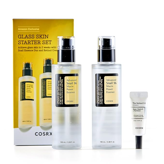 COSRX Glass Skin Korean Skincare Set- Advanced 96% Snail Mucin Serum (3.38fl oz * 2pcs) & Mini Sized 0.1% Retinol Cream for Face (0.1oz)- Korean Skin Care Gift Set, Anti Aging Set