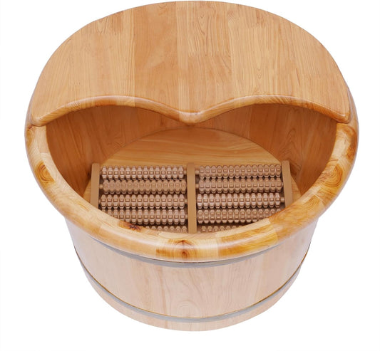 9.84in Tall Wood Foot Soaking Tub with Lid and Massage Roller, Pedicure Bowl for Feet, Portable Traditional Wood Foot Bath Basin for Massage Relaxing, Fatigue Relief