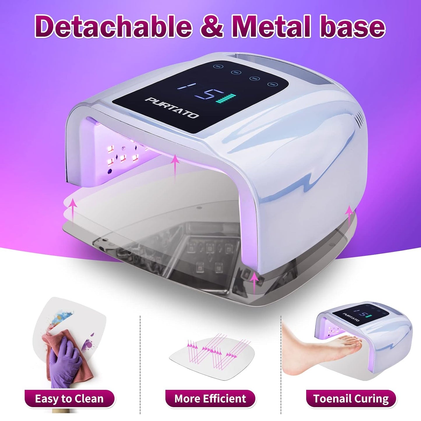 Professional Rechargeable 96W UV LED Portable Cordless UV Light for Nail Lamp Machine with Removable Stainless Steel Bottom,4 Timer Setting and Smart Sensor Nail Dryer (Plating Silver)