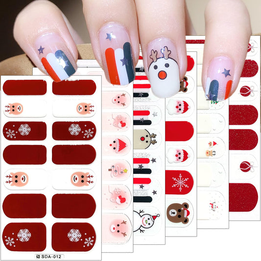 6Sheets Christmas Nail Wraps 3D Snowman Polish Strips Self-Adhesive Winter Gel Stickers Santa Claus Xmas Bell Reindeer Design for Nails Decorations