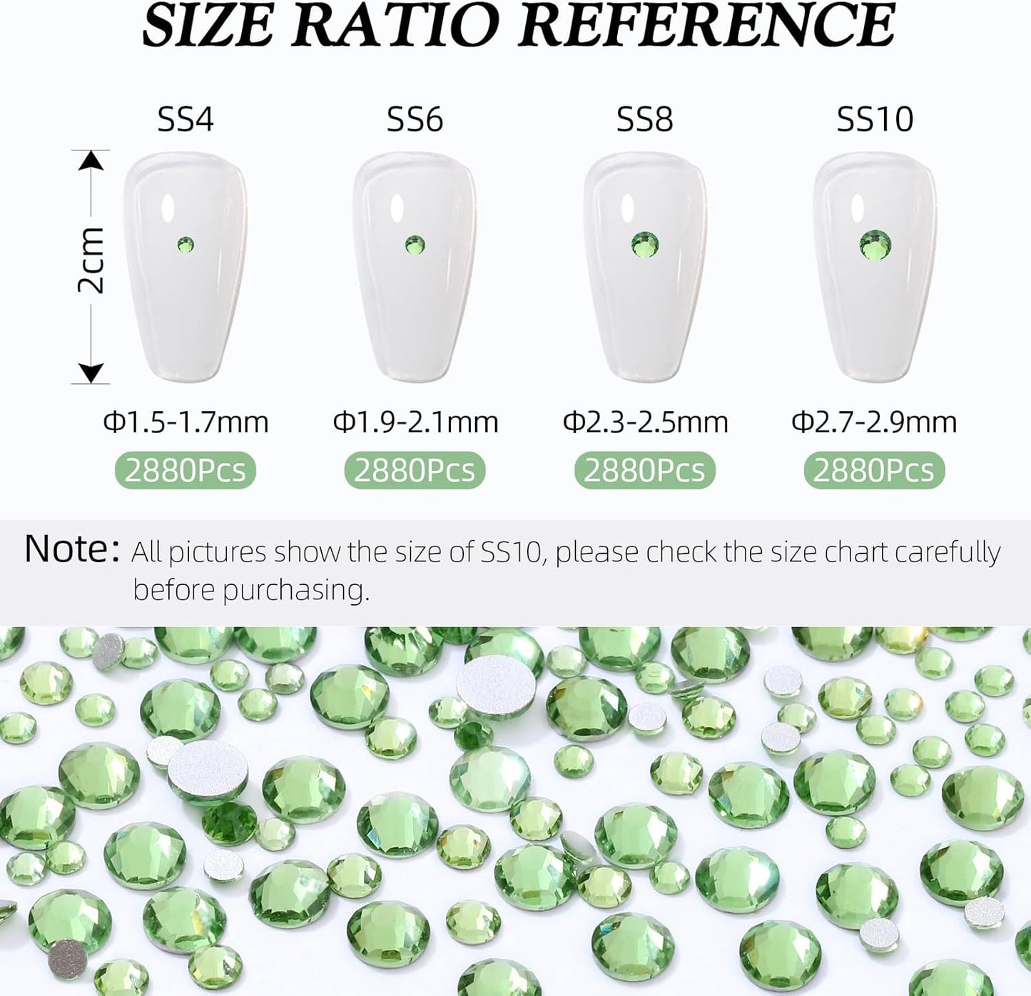Light Green Flatback Rhinestones, Glass Rhinestones for Nail Art and Craft, Glue Fix, Loose Crystal Gemstones(Lt.Green, SS8, 2880pcs, 2.3-2.5mm)