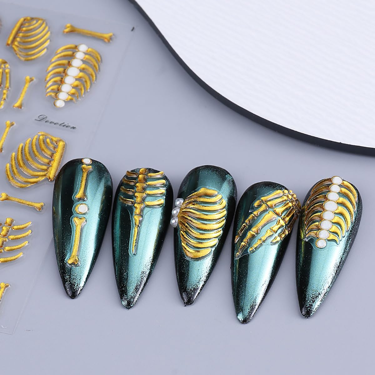 3 Sheets Halloween Nail Stickers for Nail Art 5D Embossed Skull Nail Art Stickers White Rose Gold Skull Gothic Designs Skeleton Nail Decals Halloween Horror Nail Supplies for Women Acrylic Nails DIY