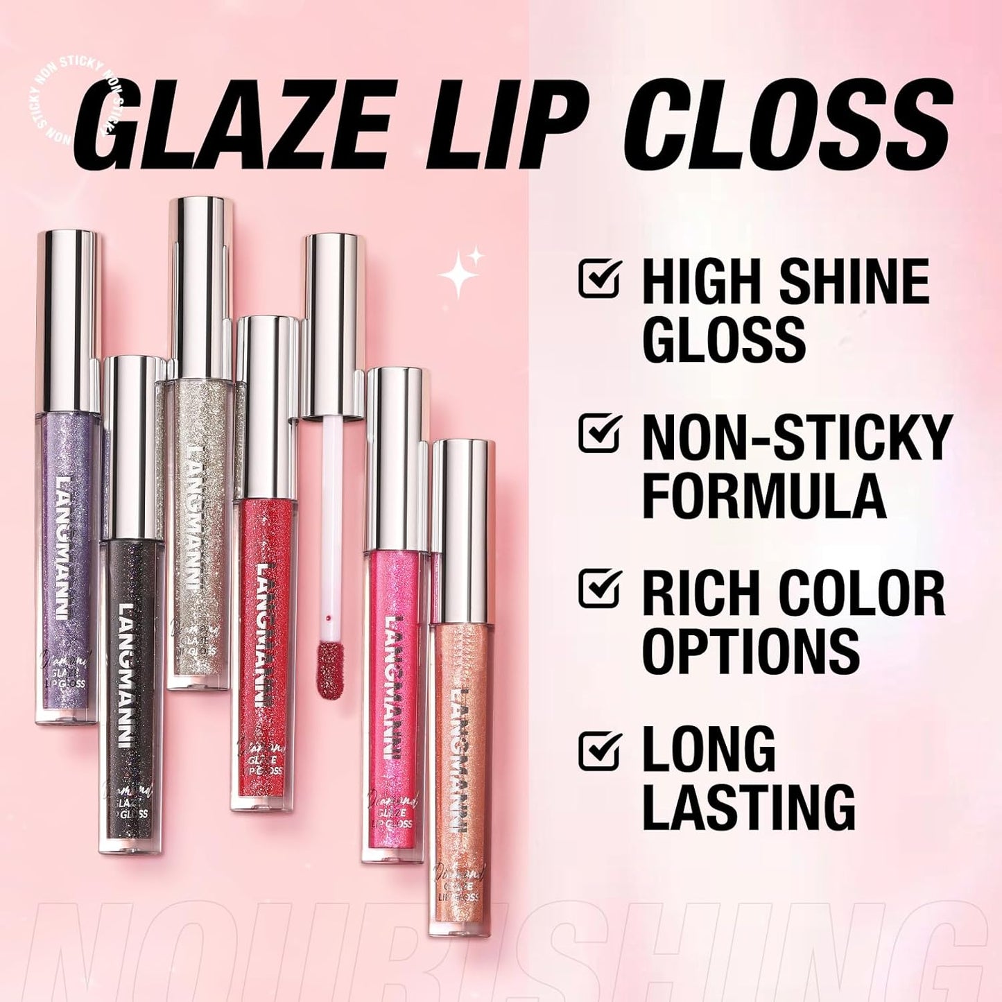 LANGMANNI 2 Colors Diamond Glitter Lip Gloss Set,Long Lasting High Shine Shimmer Liquid Lipstick Set,Hydrating,Moisturizing Lip Gloss Kit Gift Makeup For Girls(#07+08)