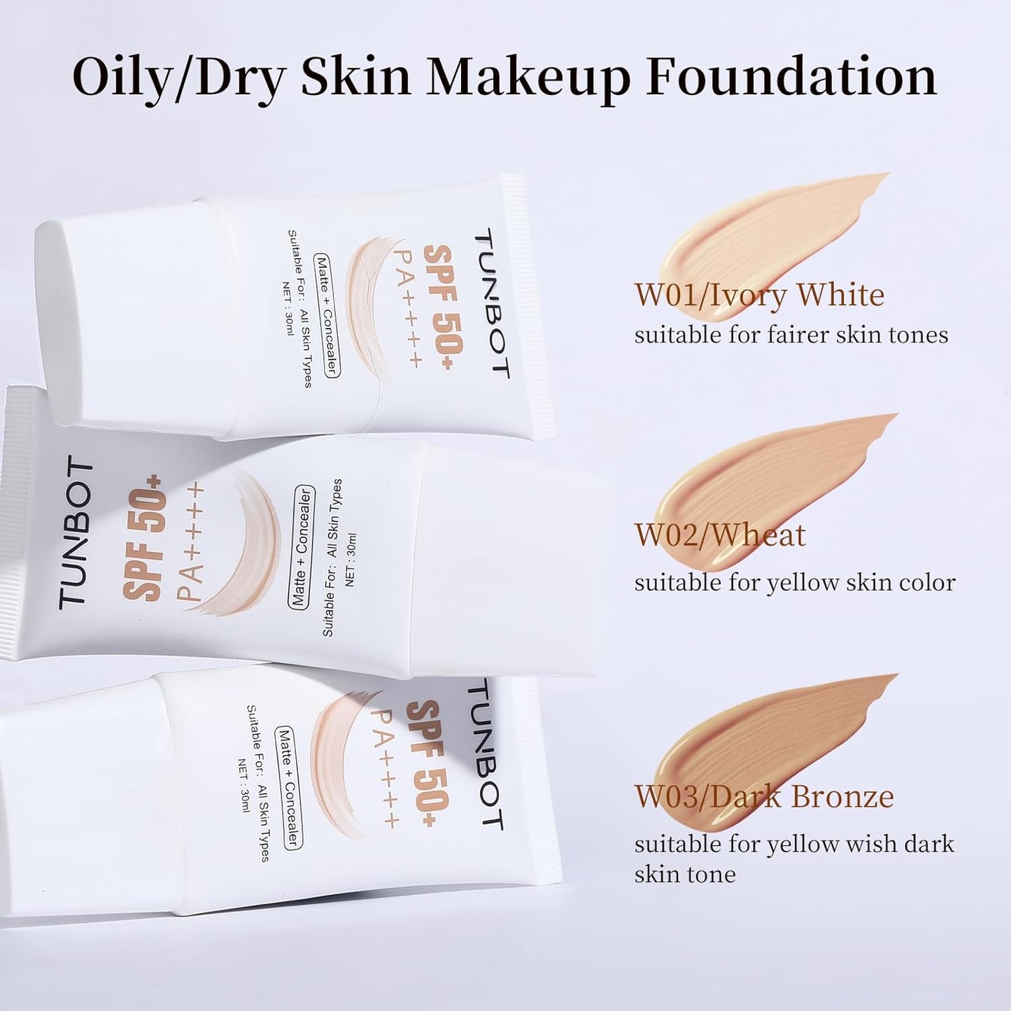 TUNBOT Long Lasting Concealer Foundation, SPF 50, Makeup to Cover Facial Imperfections, Unscented Foundation for All Skin Types (30ml)