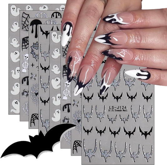 8 Sheets Horror Goth Nail Art Stickers Halloween Nail Stickers for Nail Art Glitter Bat Spider Web Pumpkin Design Luminous Ghost Nail Decals Self-Adhesive Nail Supplies for Women Manicure Decor