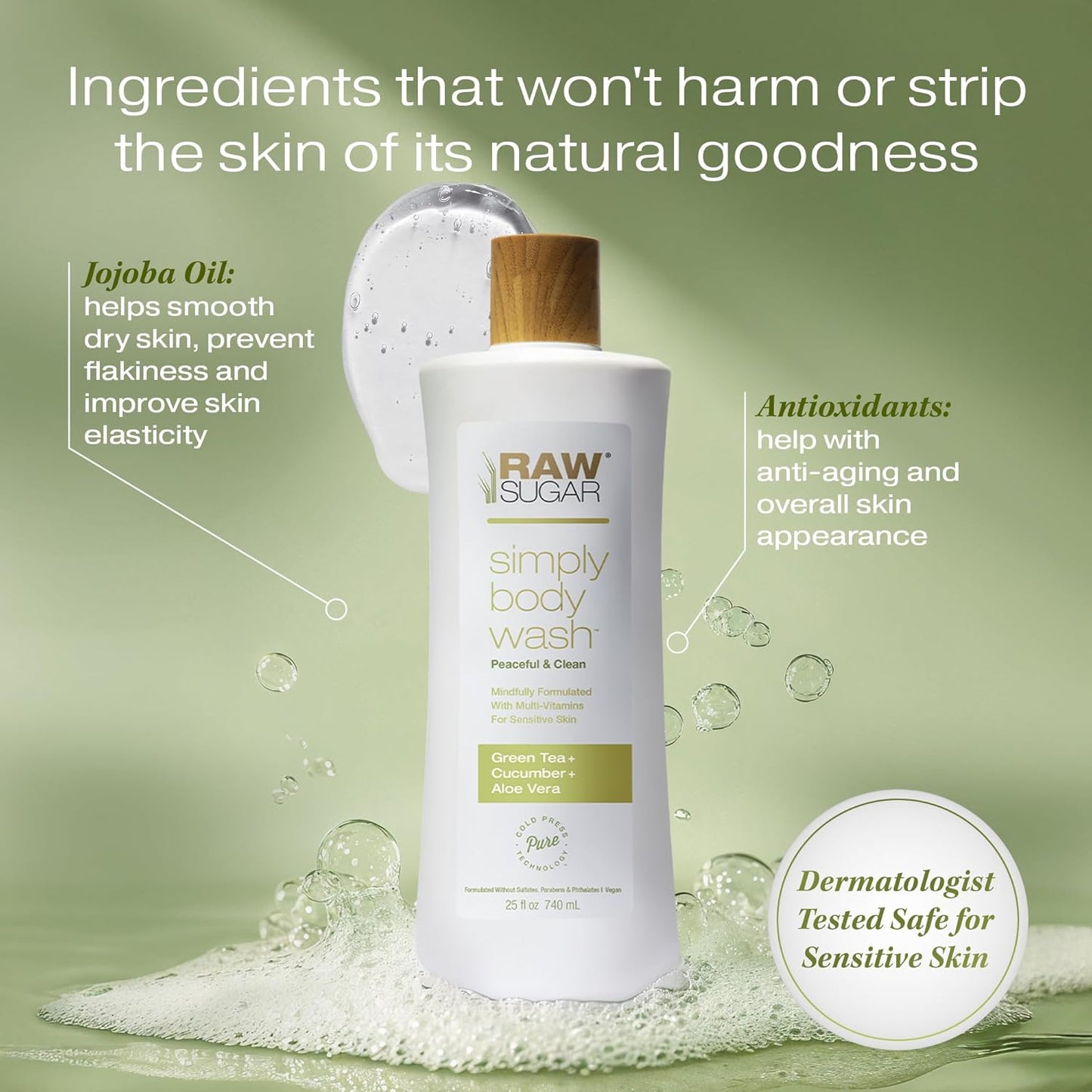 RAW SUGAR Simply Body Wash, (25 Fl Oz, Pack of 1) Bath Soap, Formulated without Sulfates & Parabens (Green Tea + Cucumber + Aloe Vera)
