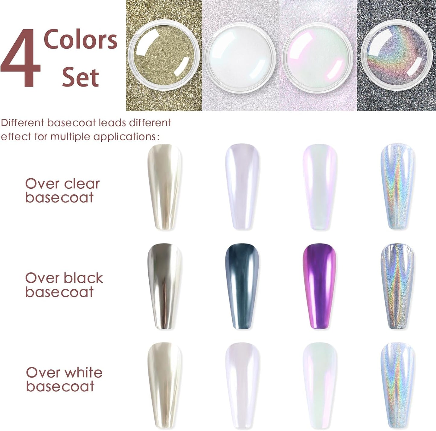 Allstarry Chrome Nail Powder 4pcs White Pearl Chrome Pigment Powder Iridescent Holographic Nail Glitter Dust Metallic Mirror Effect Pigment for Nail Gel Manicure DIY at Home Salon Women Gifts