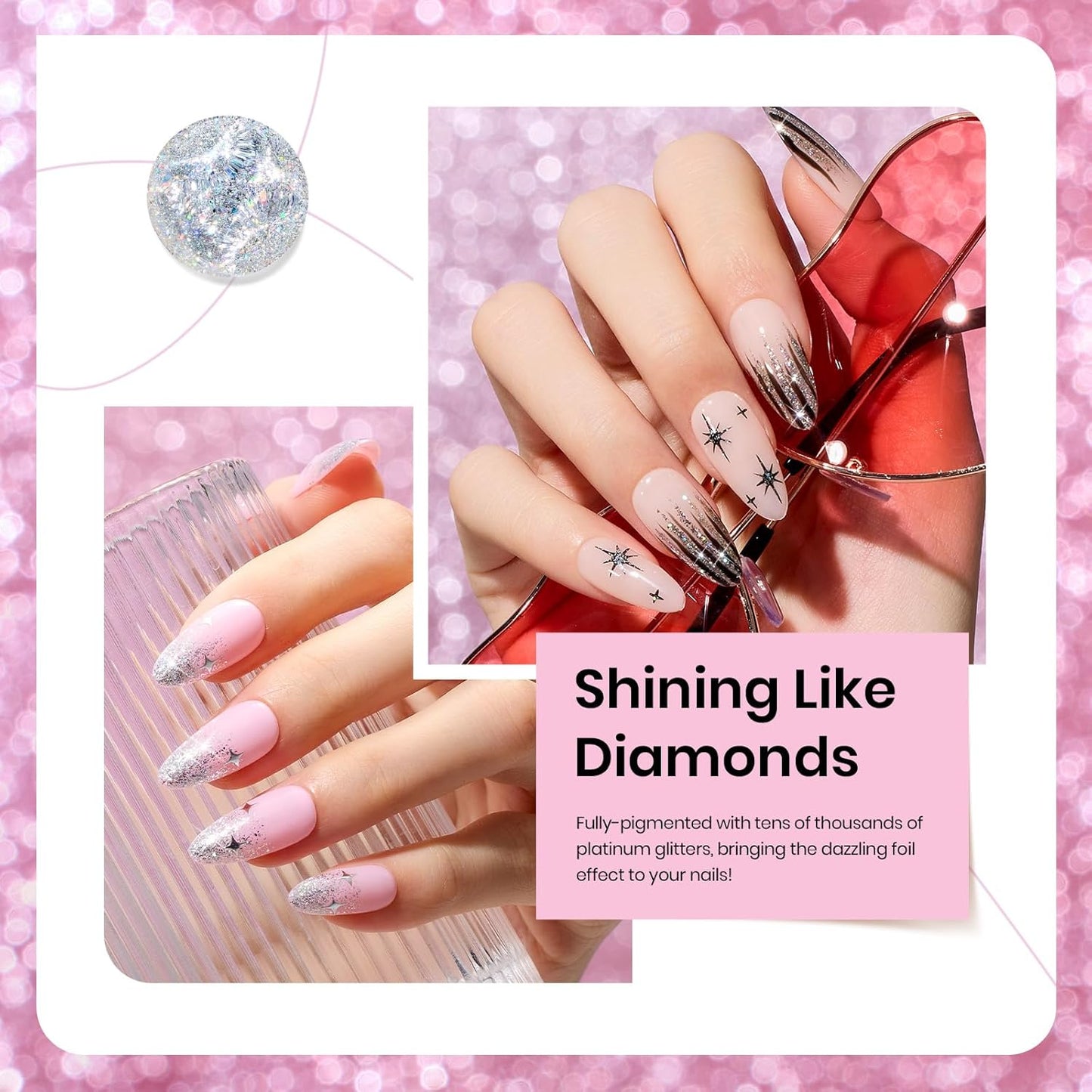 beetles Glitter Gel Polish - Diamond Shine 6 Colors Reflective Sparkle Gel Set, Silver Black Pink Gold Holographic Glitter Polish, with Nail Art Stickers Soak off Uv LED Manicure Gifts for Women