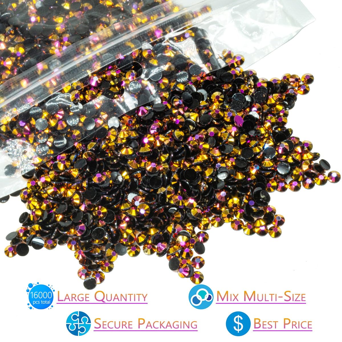 16000PCS Golden Rose AB Resin Rhinestones for Crafting 3mm 4mm 5mm Flatback Jelly Stones Bulk SS10 SS16 SS20 Non-Hotfix Diamonds Crystals Gems for Nails Face Eyes Makeup Mugs Tumblers Bottles Crafts