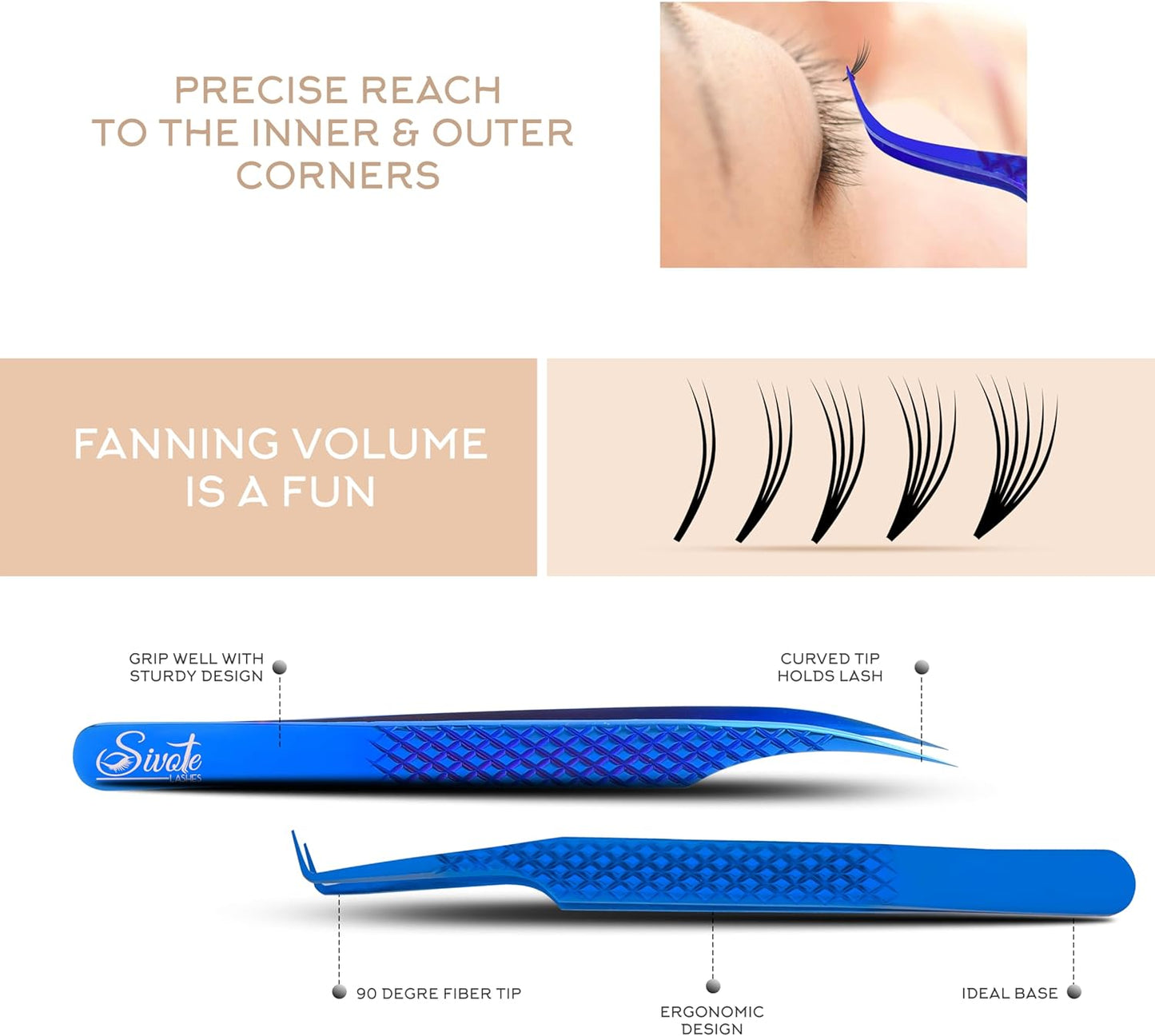 SIVOTE Eyelash Extension Tweezers Fiber Tips Japanese Steel, Set of 6 – Curved, Dolphin, 90° 45° Volume Boot & Slight Curved Tweezer – Professional Lash Tweezers for Lash Extensions Blue