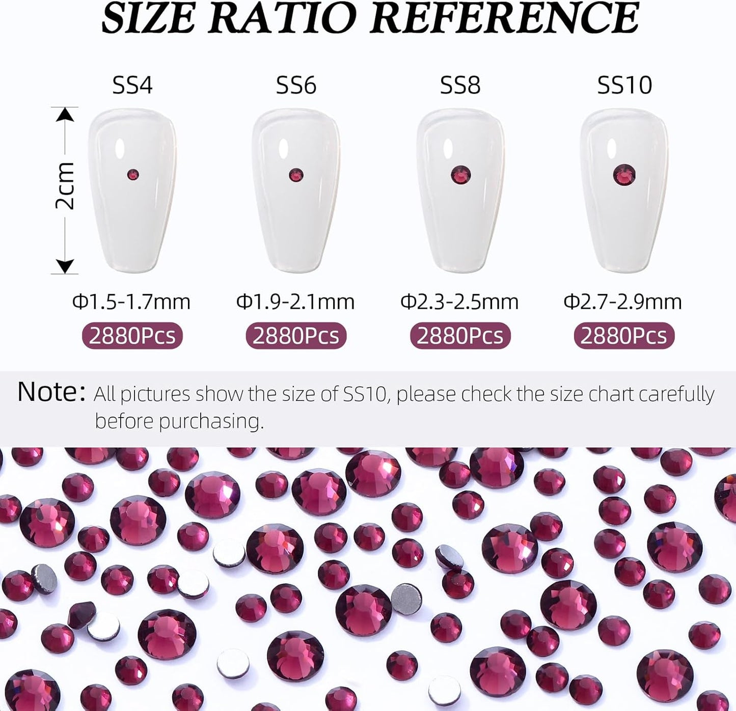 Purple Flatback Rhinestones, Glass Rhinestones for Nail Art and Craft, Glue Fix, Loose Crystal Gemstones(Purple, SS10, 2880pcs, 2.7-2.8mm)