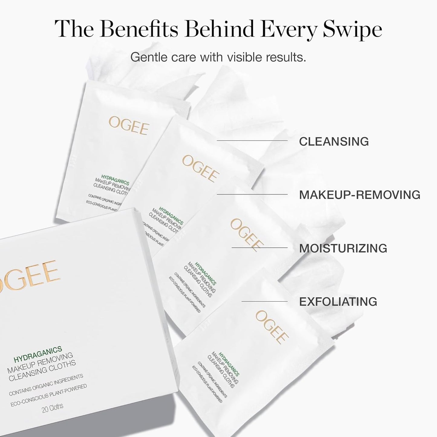Ogee Gentle Makeup Remover Wipes - Moisturizing Makeup Wipes - Nourishing Formula of Jojoba Oil, Aloe Vera & Essential Oils - Facial Cleansing Cloths (20ct)