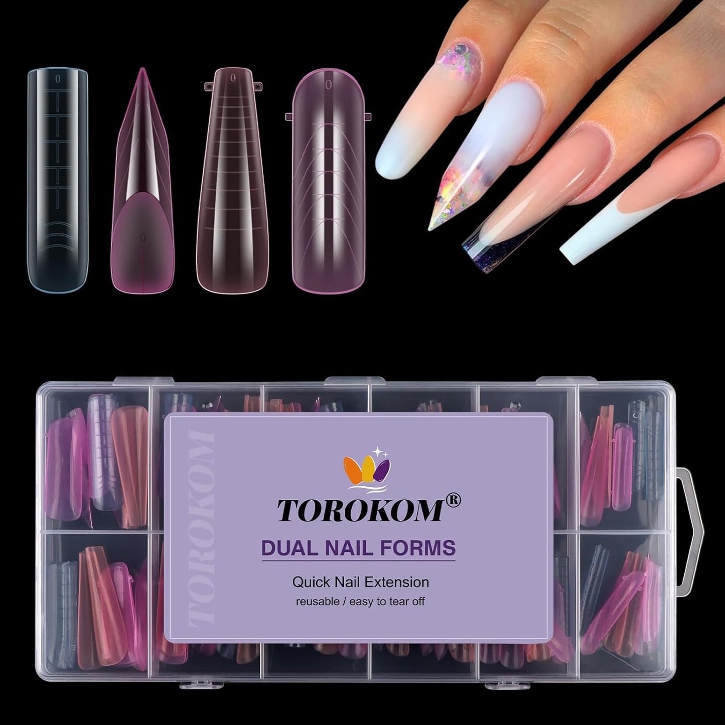 TOROKOM Dual Nail Forms for Poly Nail Gel, 4 Shapes Colorful Structure Poly Nail Gel Stiletto Square Nail Molds for Builder Gel Poly Extension Gel Nail Art Design Salon&DIY, 96 PCS