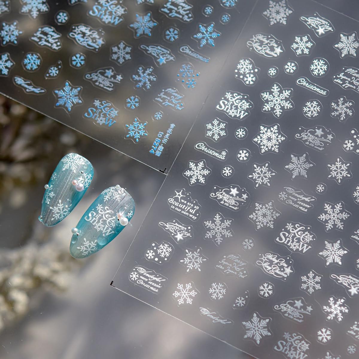 White Snowflake Nail Art Stickers Christmas Nail Decals Decorative Font Nail Stickers 5D Self-Adhesive Winter Theme Nail Art Design Decals DIY Nail Decoration Supplies for Women Girls 1Sheet