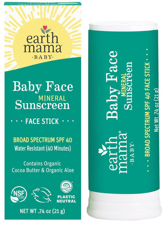 Earth Mama Baby Face Mineral Sunscreen Stick SPF 40 | Non-Nano Zinc, Contains Organic Cocoa Butter & Aloe | Babies, Kids & Family 0.74-Ounce