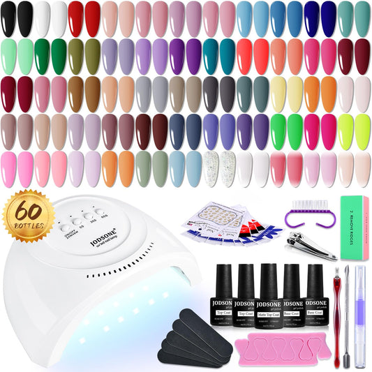 JODSONE Gel Nail Polish Kit 60 PCS with U V Light Soak off Base Top Coat 55 Shine Colors Gel Nail Kit Bright and Dark Brown Wine Red Series Manicure Set for Women and Girls