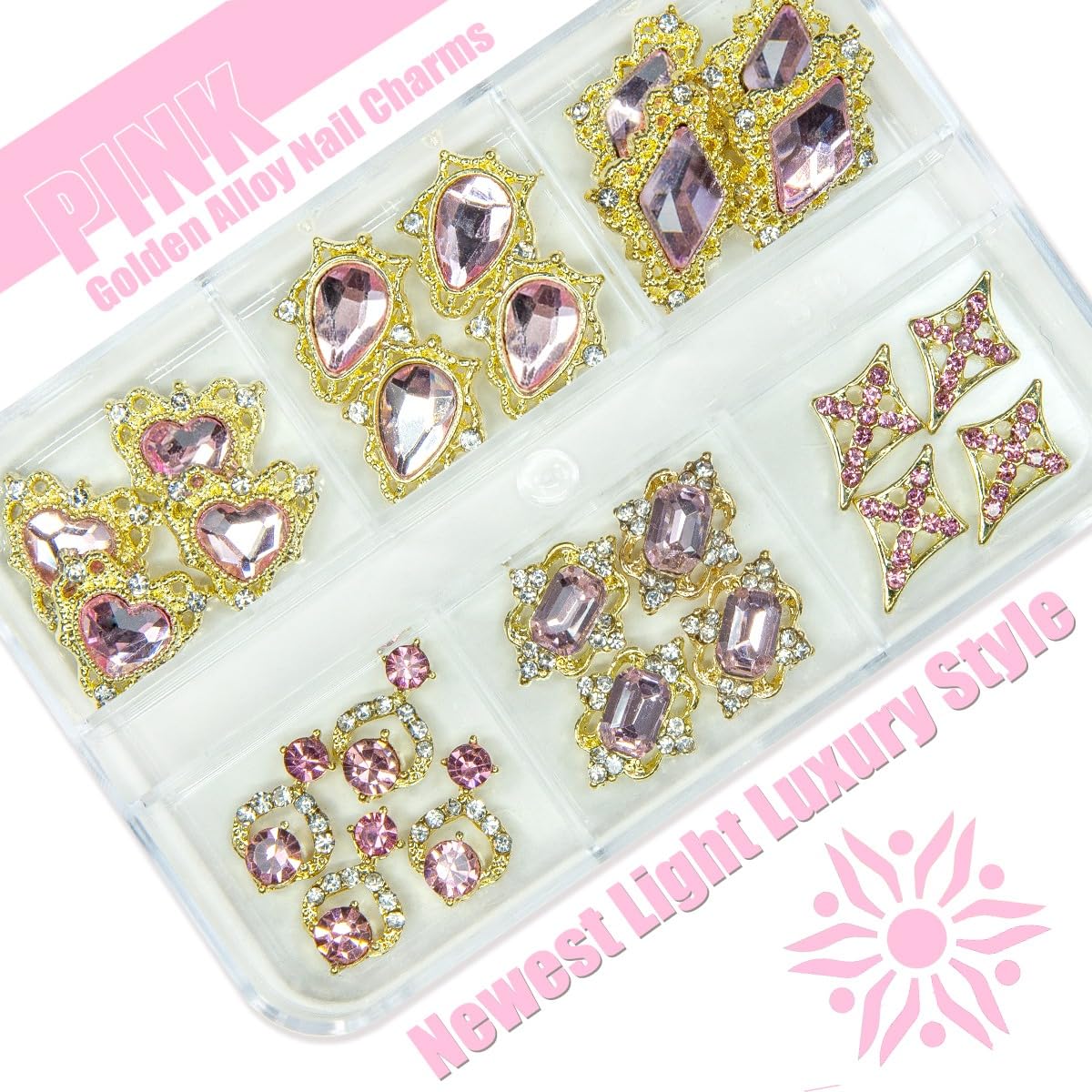 24pcs Pink Nail Luxury Nail Charms Heart Rhinestones Charms 3D Big Nail Gems Crystals Diamonds Jewelry Stones Alloy Studs Supplies Decoration for Arylic Nails Face Makeup DIY Crafts Jewerly