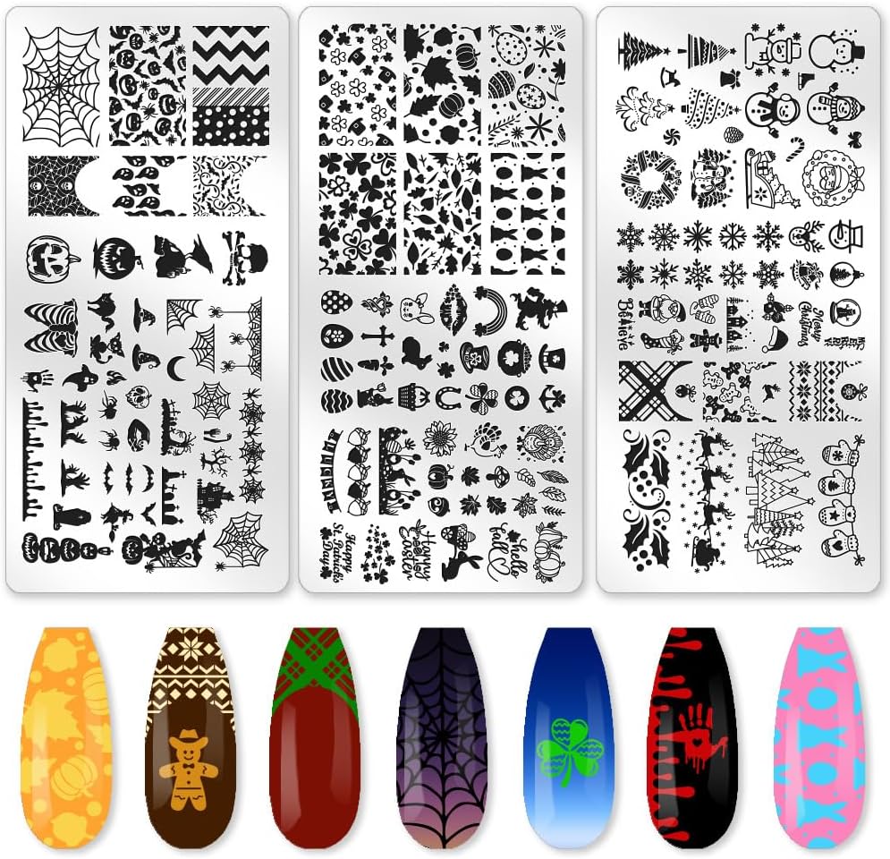 3Pcs Holiday Nail Stamping Plate Seasonal Nail Stamp Templates Nail Art Stamp Plates Easter St. Patrick's Day Christmas Halloween Image Plate Tools with Stamper Scraper for Manicure Printing