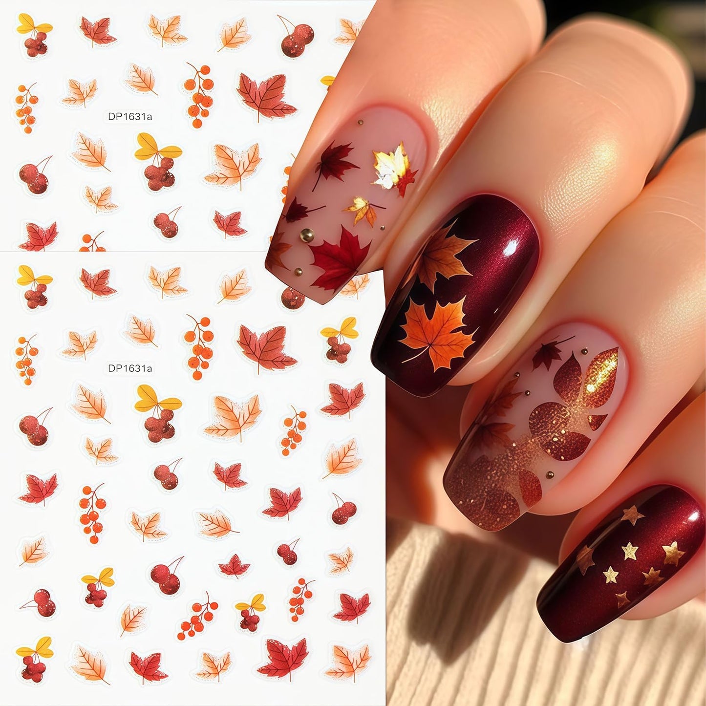6 Sheets Autumn Nail Art Stickers Fall Maple Leaves Nail Stickers 3D Self-Adhesive Thanksgiving Pumpkin Pattern Nails Sticker Fall Glitter Leaf Nail Decals Holiday DIY Nails Manicure for Women