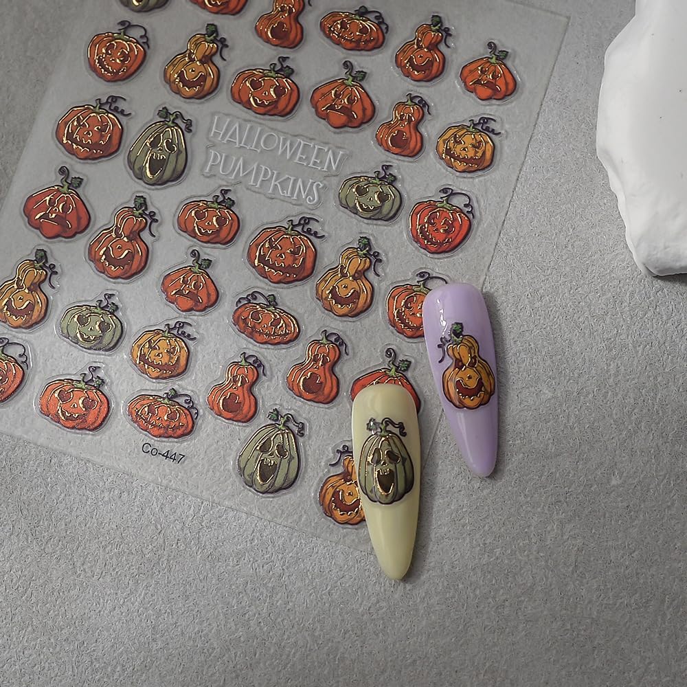 Halloween Nails Stickers Orange Pumpkins Nails Sticker 3D Embossed Horrible Pumpkins Self Adhesive Sticker Nail Decals Green Yellow Nail Art Decal Halloween Decals for Nail DIY Manicure 1Sheet