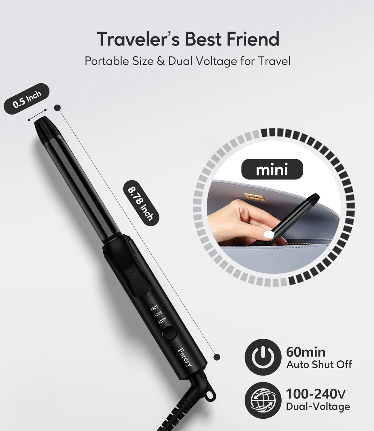 1/2 Inch Ceramic Mini Hair Curler with 3 Adjustable Temp, Dual Voltage, Travel Curling Iron for Short Hair, Infused with Keratin & Argan Oil, Storage Bag